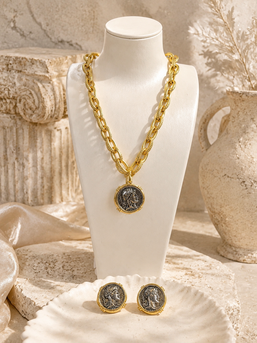 Gold-tone ancient coin-style necklace and matching stud earrings on display