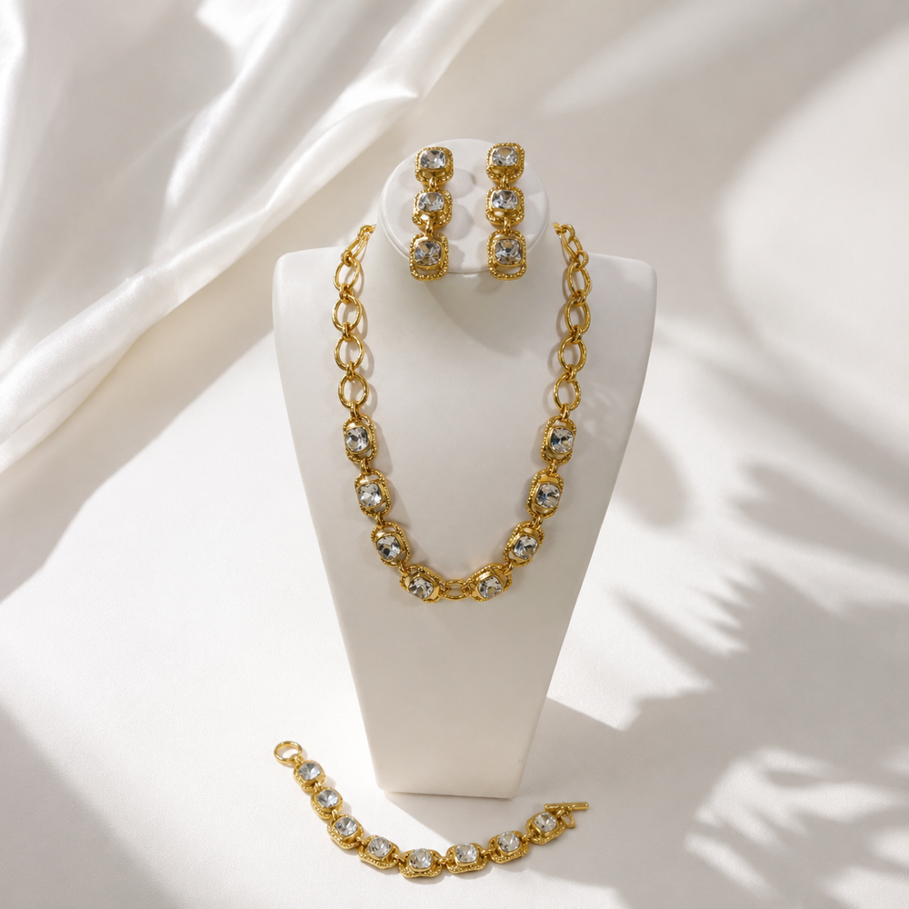Gold-tone clear crystal-style jewelry set with necklace bracelet and stud earrings display view