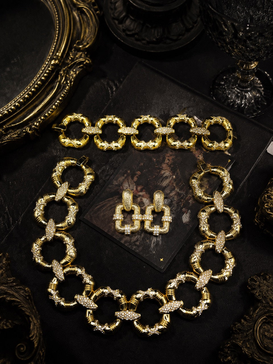 Gold-tone crystal-style collar necklace bracelet and stud earrings set