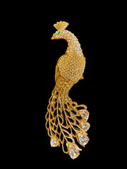 Gold-tone crystal-style peacock statement brooch front view