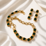Gold-tone dark green crystal-style jewelry set detail view
