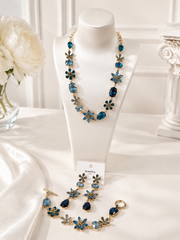Blue gold-tone glass flower and teardrop necklace bracelet and stud earrings set