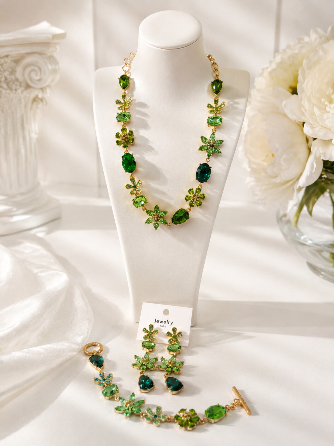 Green gold-tone glass flower and teardrop necklace bracelet and stud earrings set