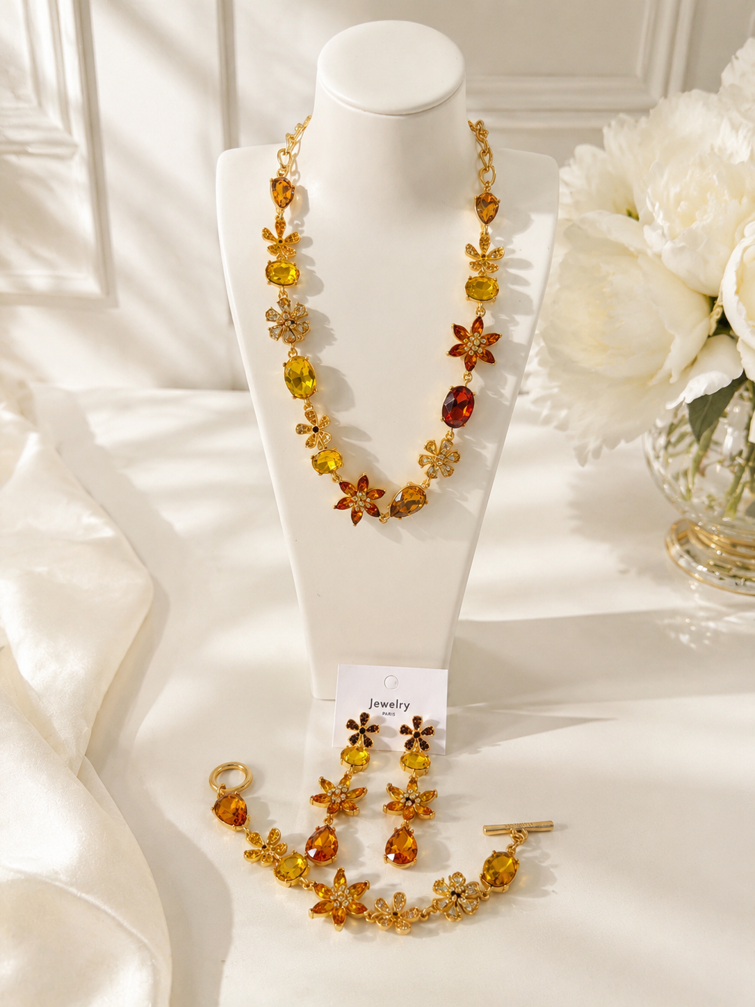 Orange gold-tone glass flower and teardrop necklace bracelet and stud earrings set
