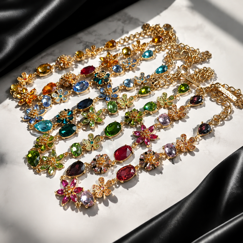 Gold-tone glass flower and teardrop jewelry set color options overview