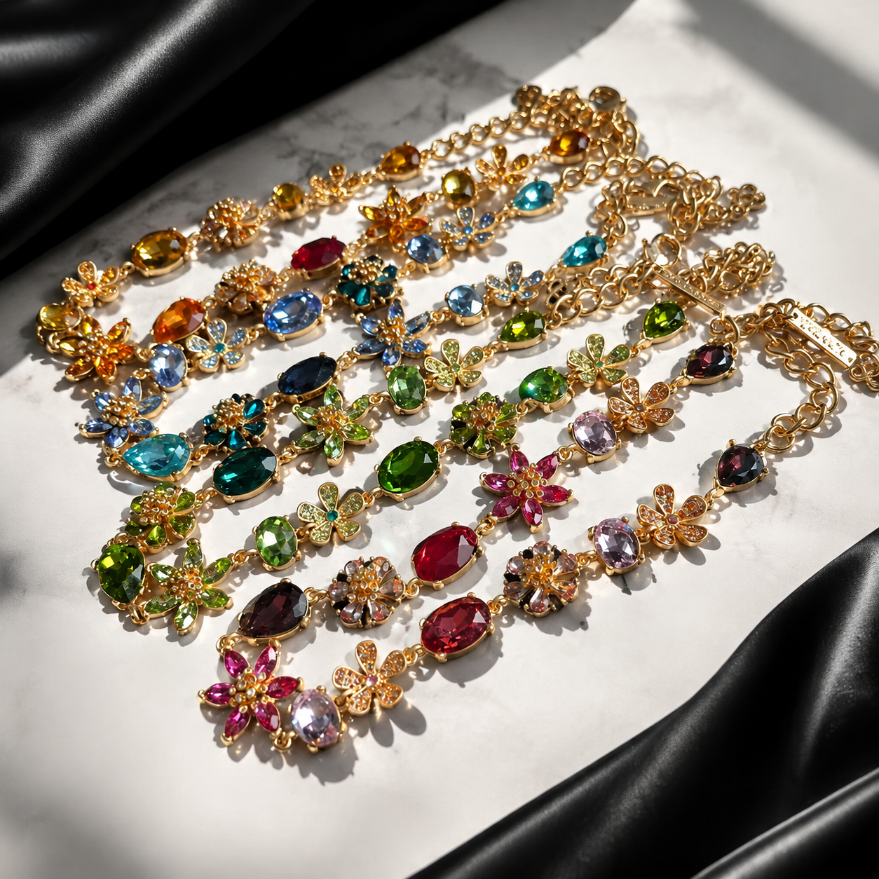 Gold-tone glass flower and teardrop jewelry set color options overview