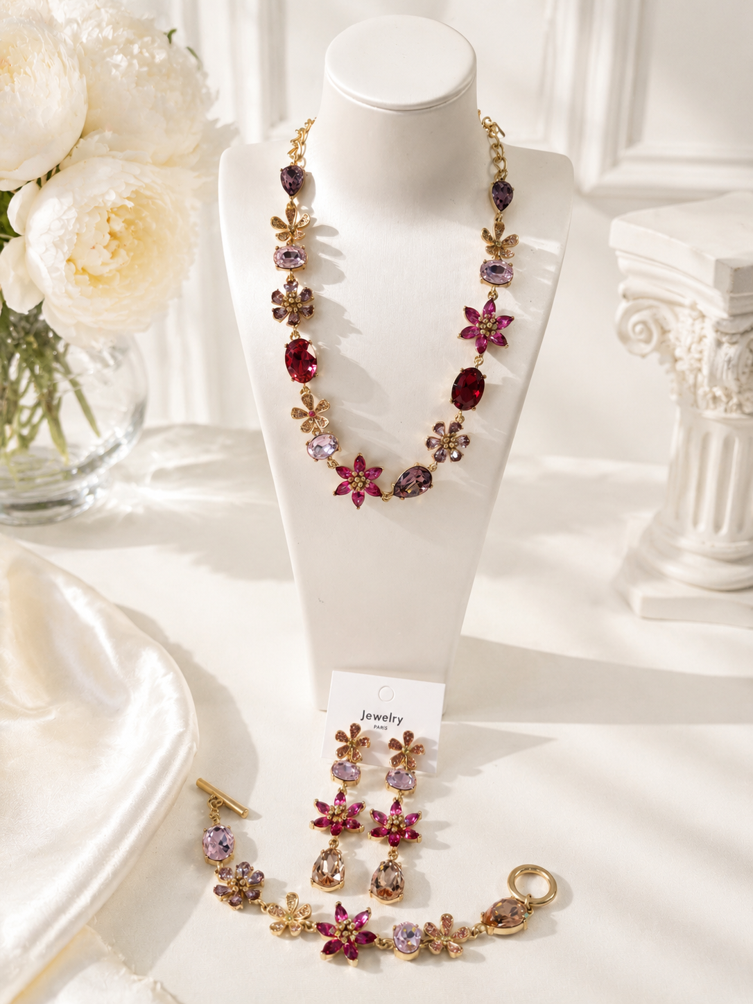 Rose red gold-tone glass flower and teardrop necklace bracelet and stud earrings set