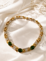 Gold-tone green glass choker necklace front view