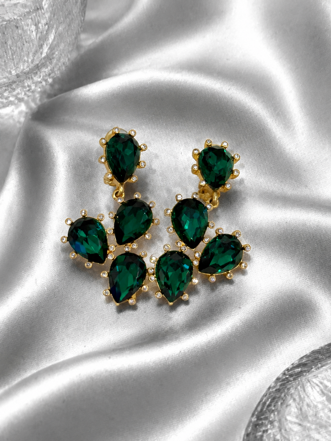 Gold-tone green rhinestone clip-on earrings front view