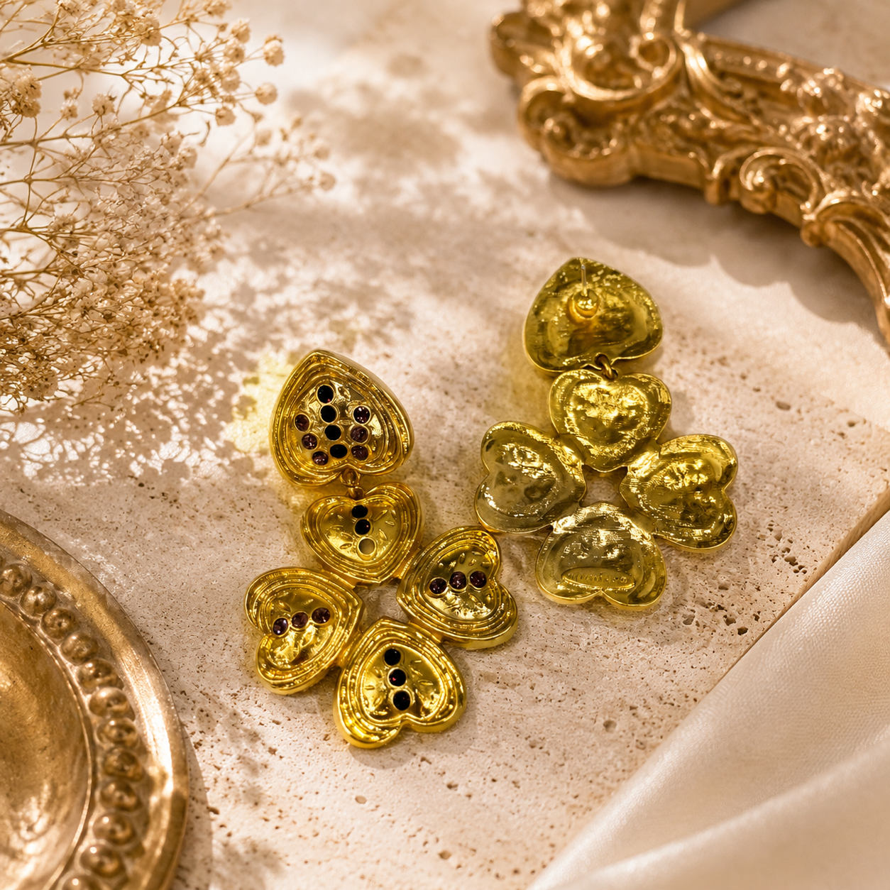 Gold-tone heart petal crystal-style-style drop stud earrings front and back view