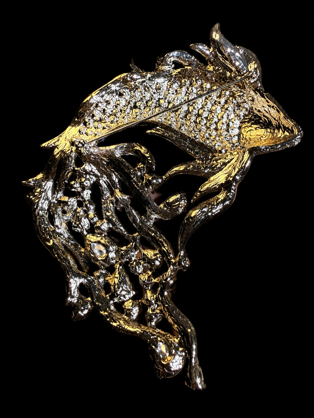 Gold-tone multicolor crystal-style large fish statement brooch back with pin
