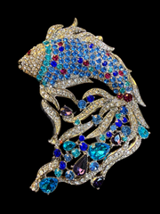Gold-tone multicolor crystal-style large fish statement brooch front view