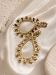 Gold-tone multicolor crystal-style large teardrop clip-on earrings back view showing clip-on hardware