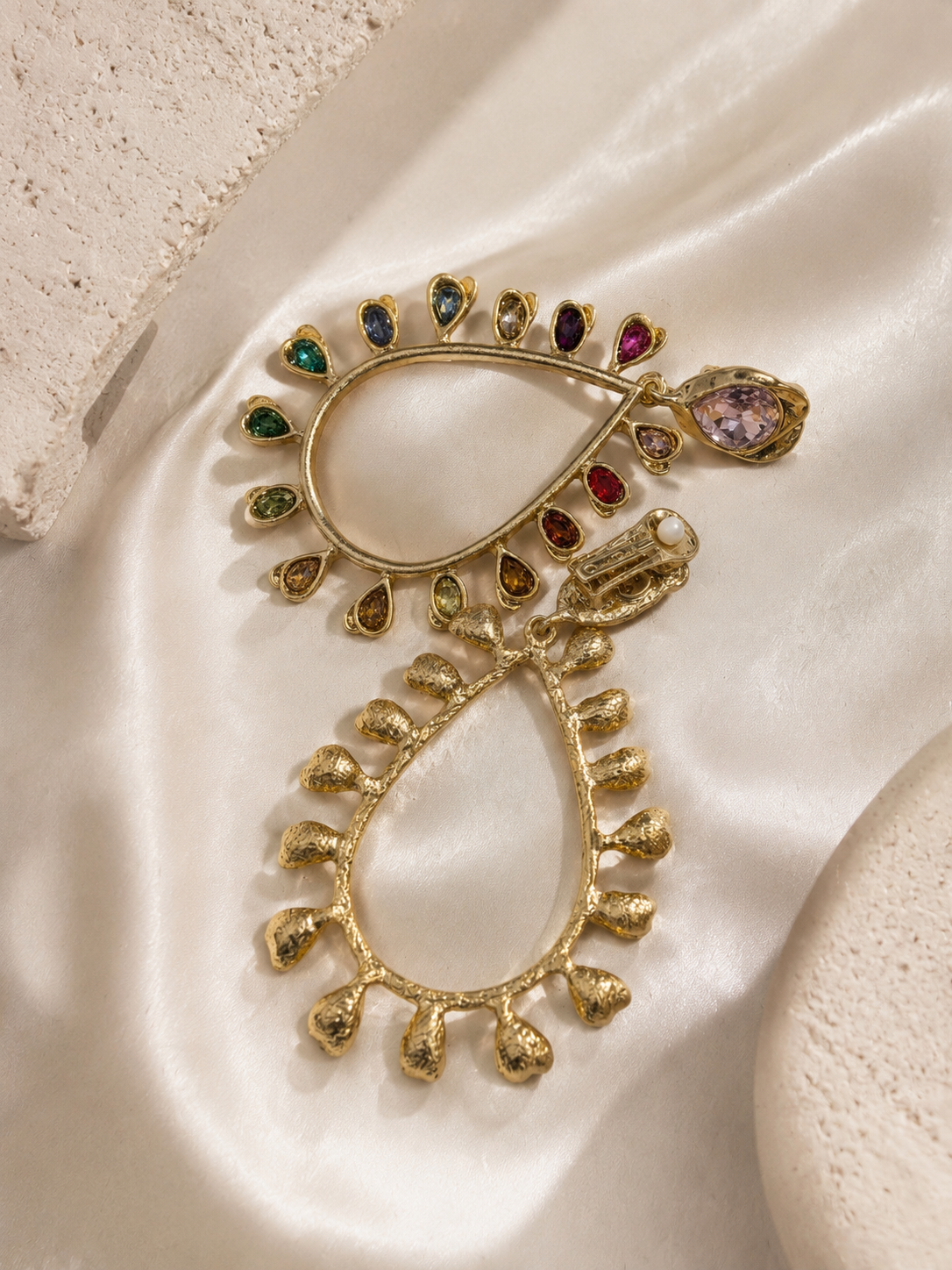 Gold-tone multicolor crystal-style large teardrop clip-on earrings back view showing clip-on hardware
