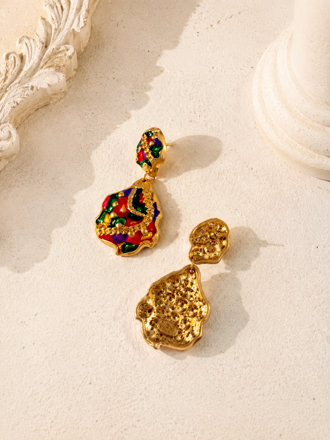 Gold-tone multicolor enamel-style drop stud earrings front and back detail view
