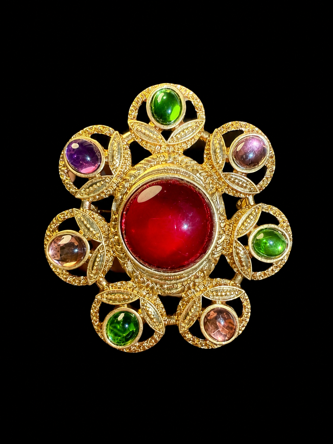 Gold-tone multicolor glass cabochon-style statement brooch front view