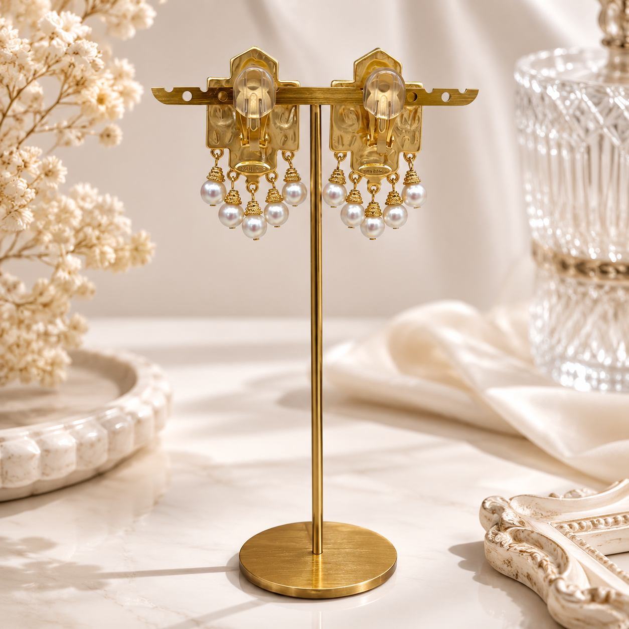 Gold-tone multicolor glass cross earrings clip-on back view