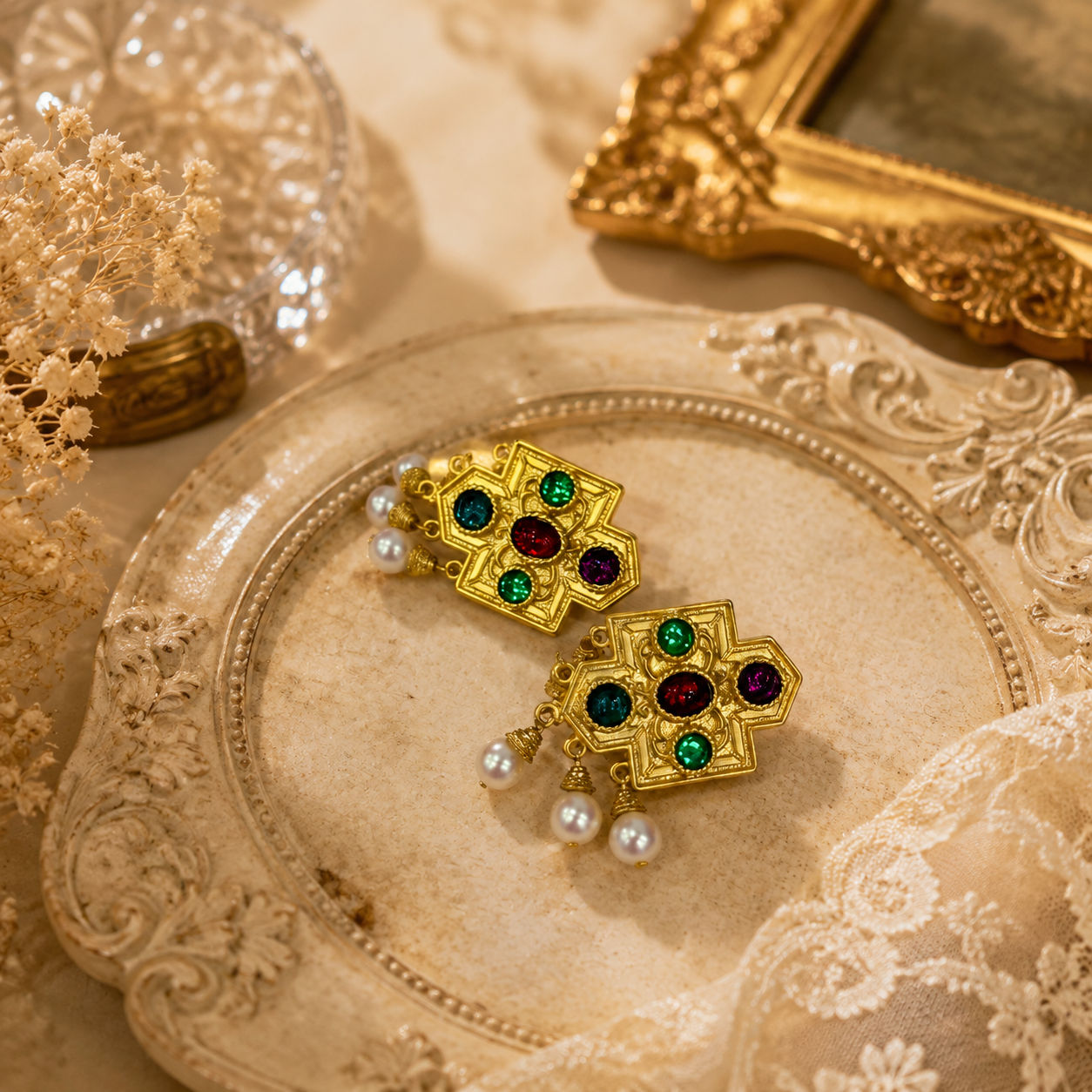 Gold-tone multicolor glass cross pearl-style-style drop clip-on earrings flat lay
