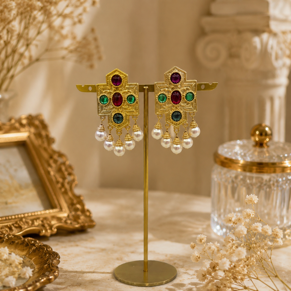 Gold-tone multicolor glass cross pearl-style drop clip-on earrings front display