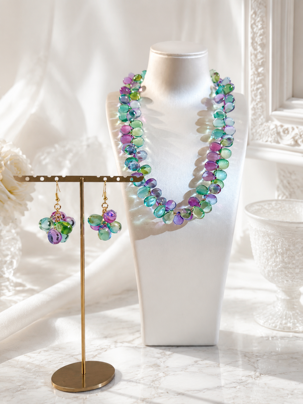 Gold-tone multicolor glass necklace and hook earrings set display view