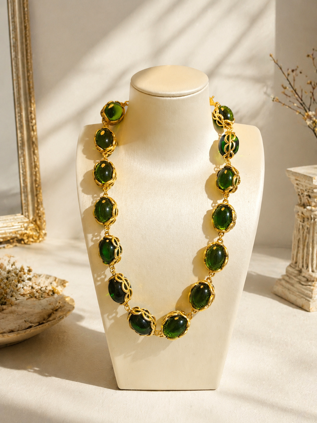 Gold-tone oval stone-style statement necklace in emerald green