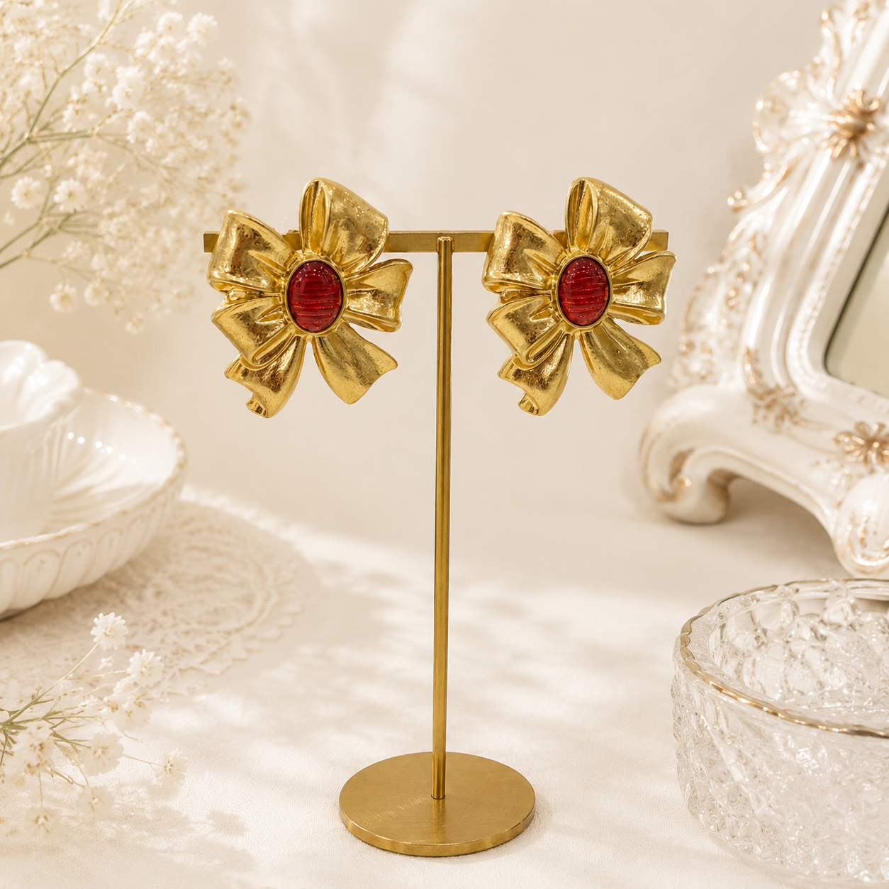 Orange red gold-tone oversized bow cabochon-style stud earrings display view