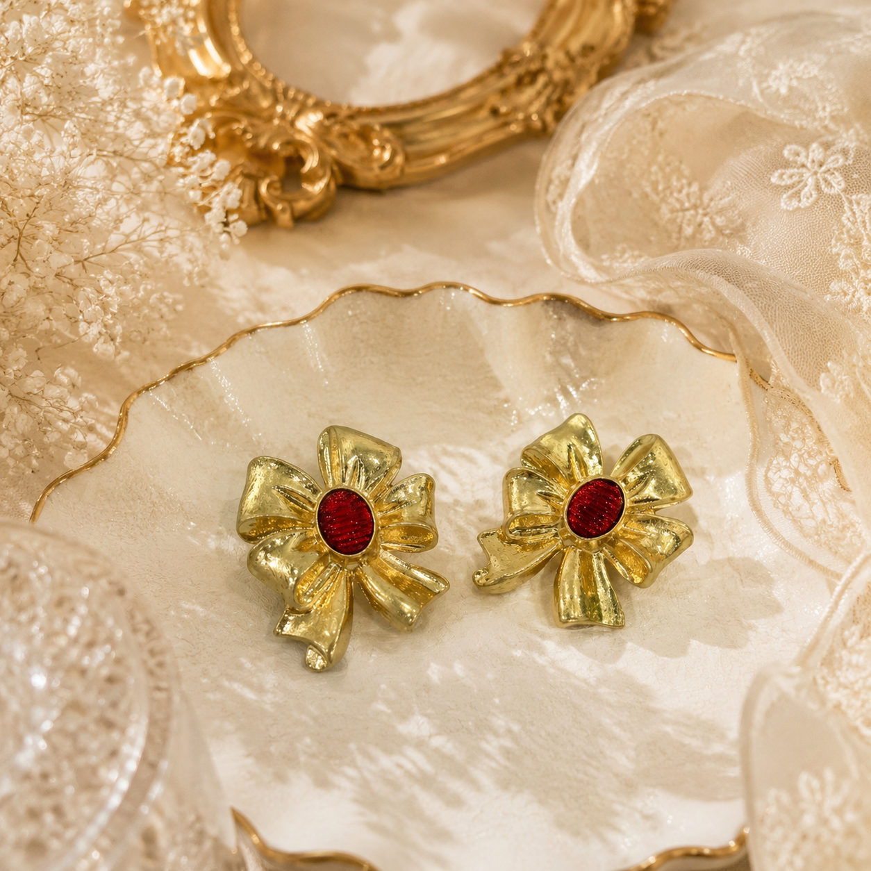 Orange red gold-tone oversized bow cabochon-style stud earrings flat lay