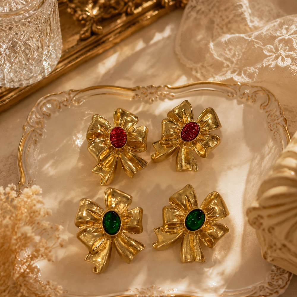 Gold-tone oversized bow cabochon-style stud earrings green and orange red color options