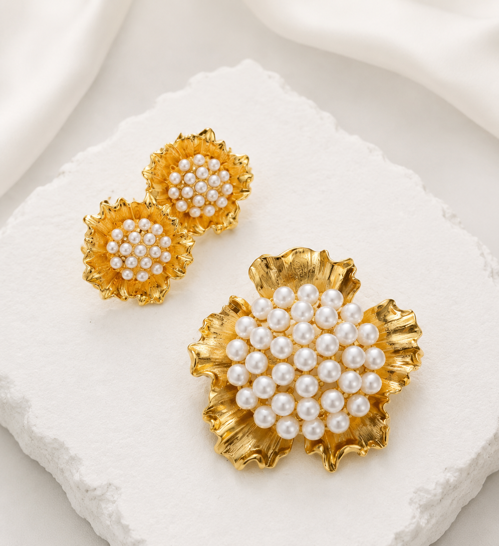 Gold-tone pearl-style floral brooch and clip-on earrings set
