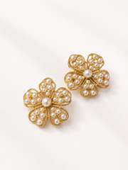 Gold-tone pearl-style flower stud earrings with pearl-style center