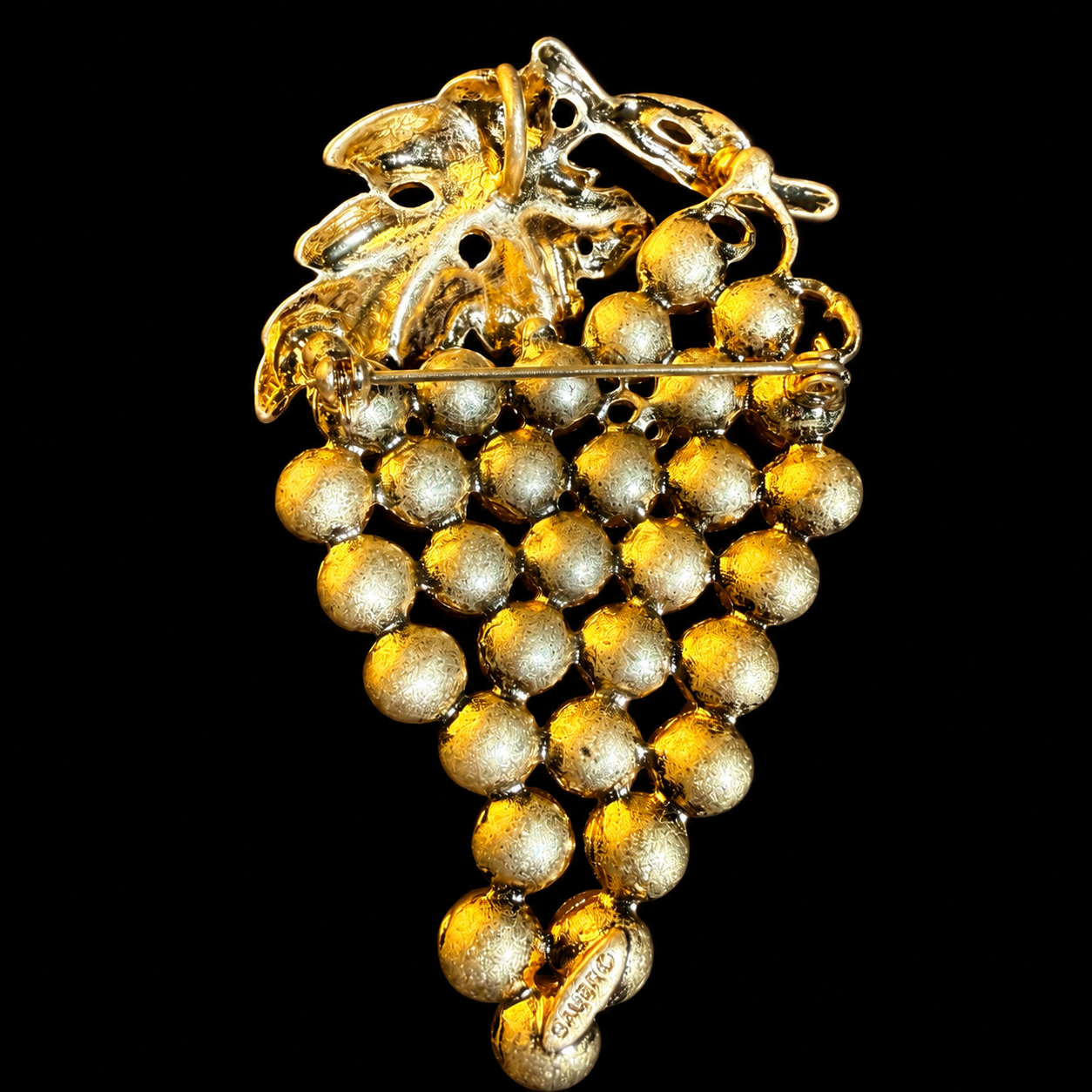 Gold-tone purple grape brooch pendant back view with pin and pendant loop