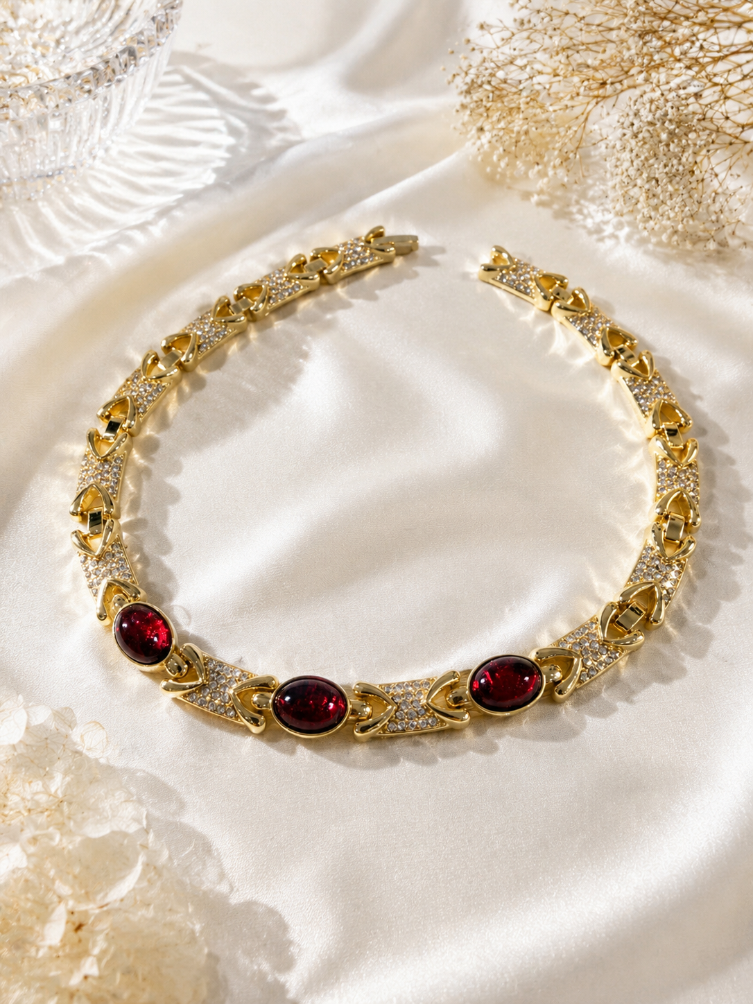 Gold-tone red glass choker necklace front view