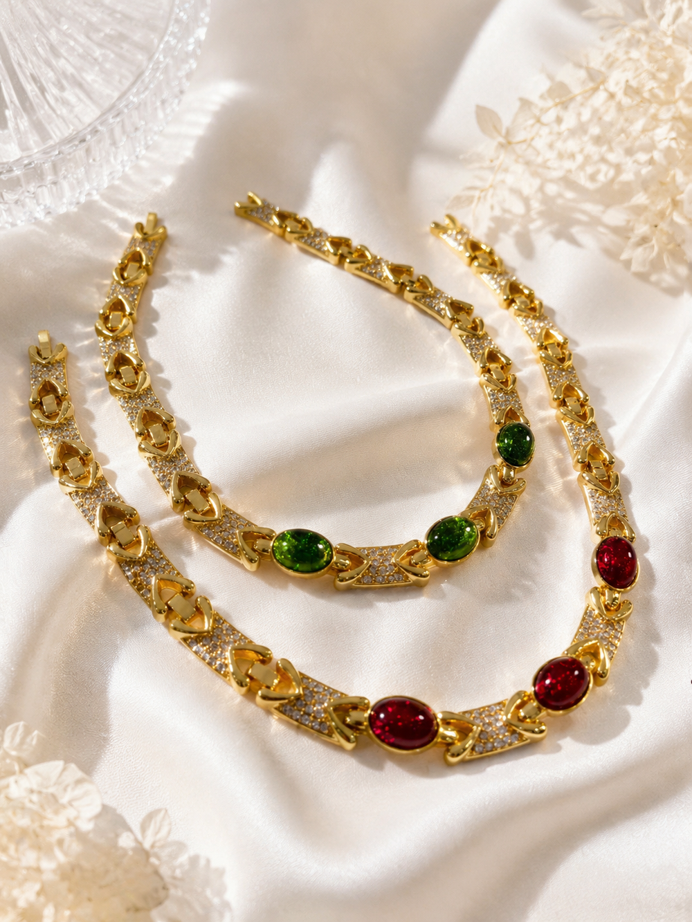 Gold-tone red and green glass choker necklace color options