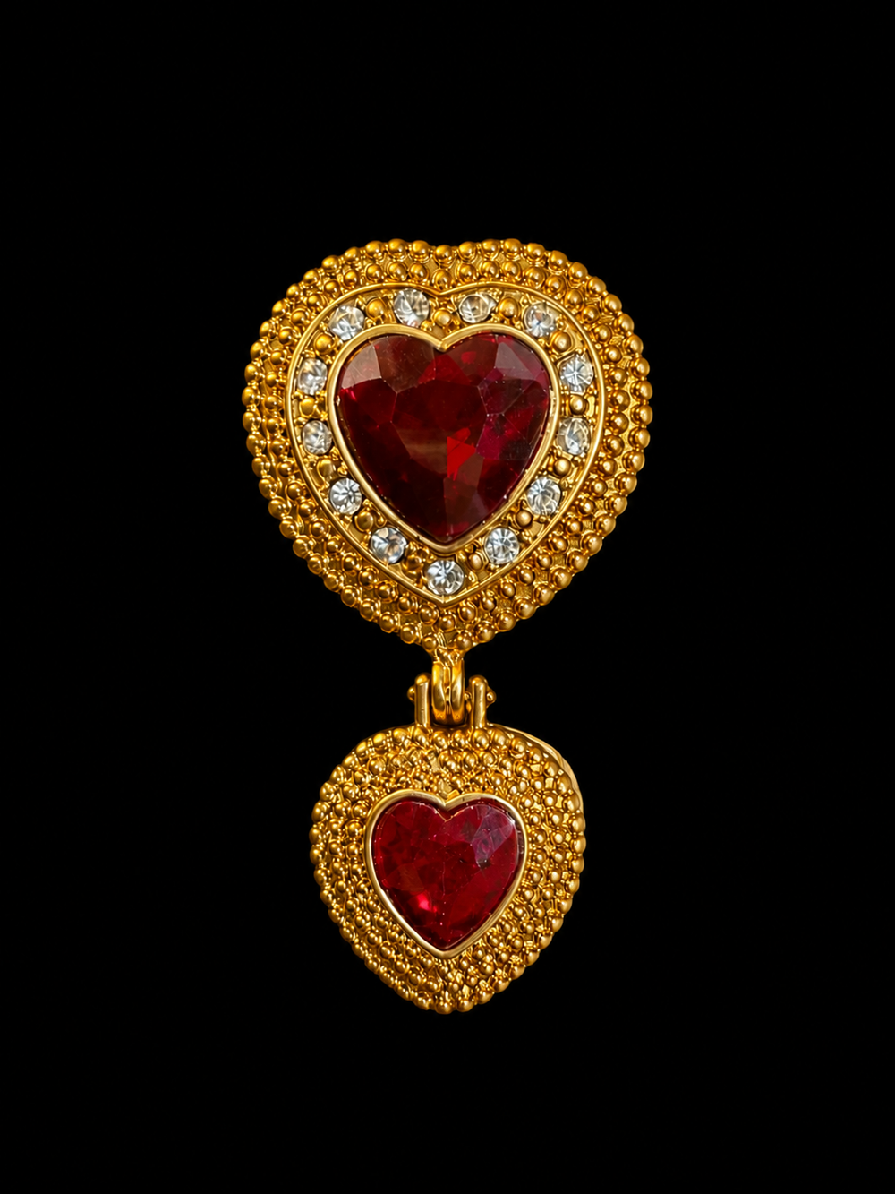 Gold-tone red heart crystal-style brooch pendant front view
