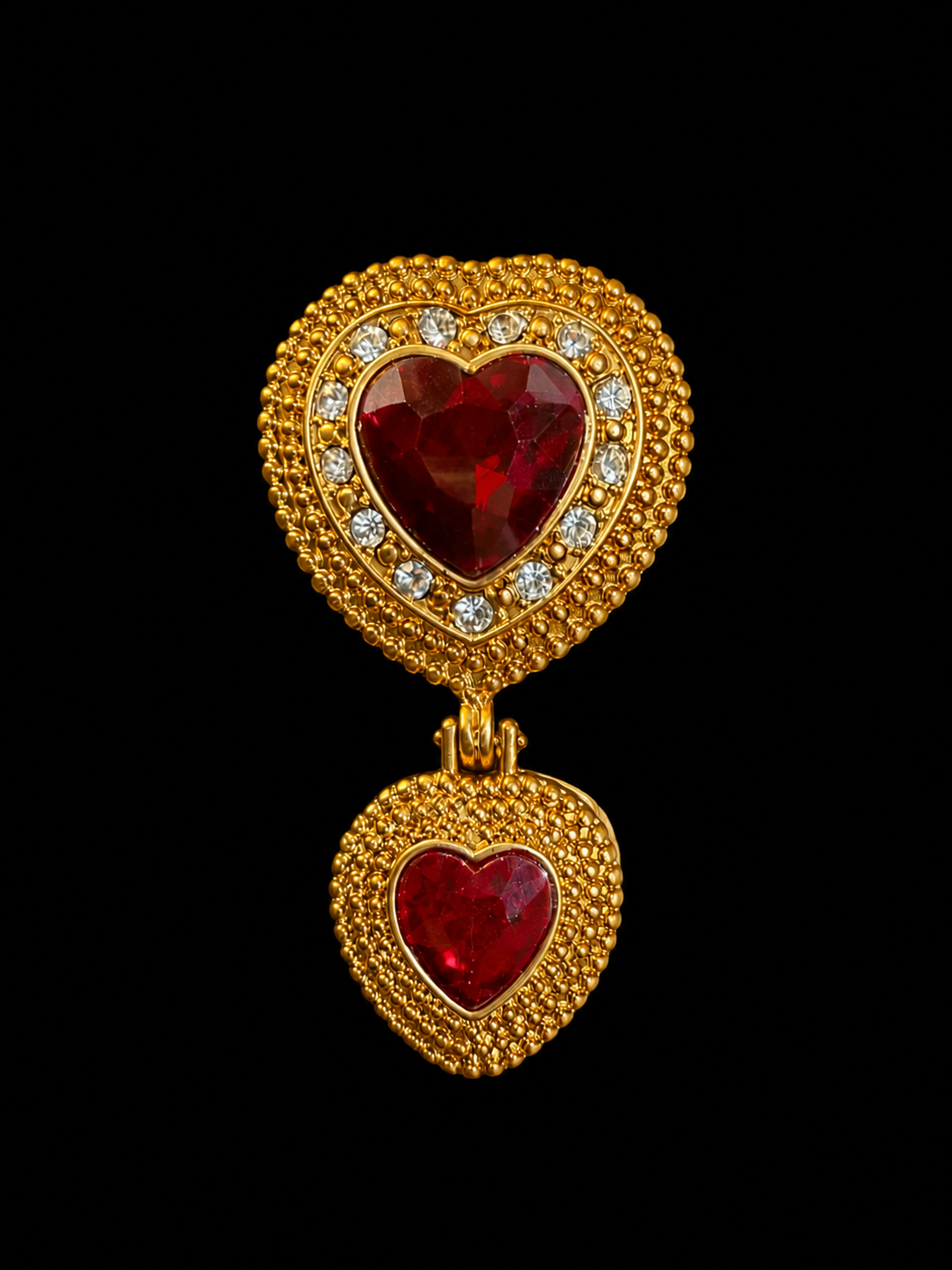 Gold-tone red heart crystal-style brooch pendant front view