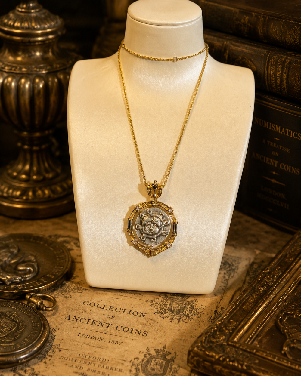 Gold-tone reversible Greek coin-style pendant necklace on bust display