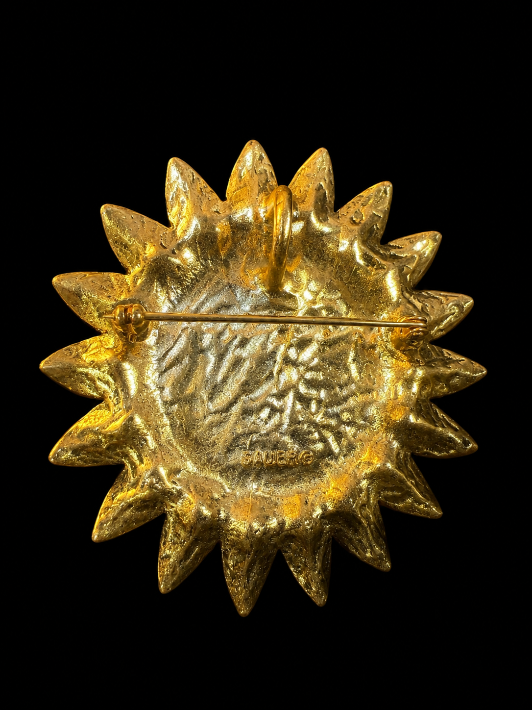 Gold-tone sun face brooch pendant back with pin and pendant loop