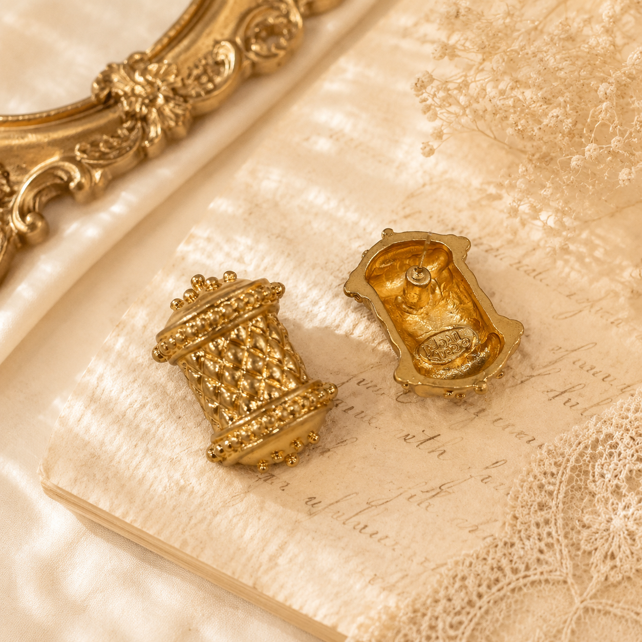 Gold-tone textured lattice barrel stud earrings front and post-back detail