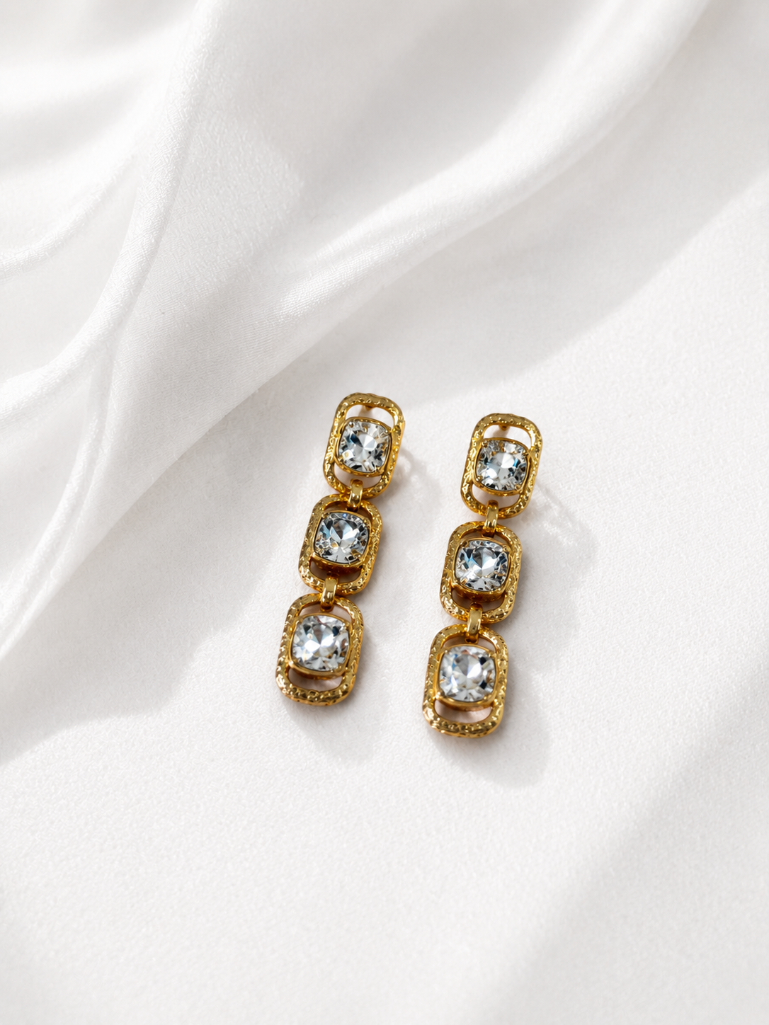 Clear gold-tone triple cushion crystal-style-style drop earrings