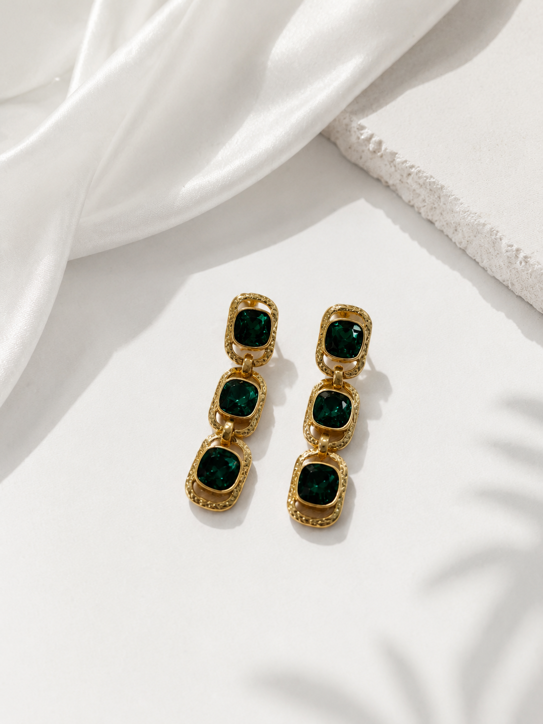 Dark green gold-tone triple cushion crystal-style-style drop earrings