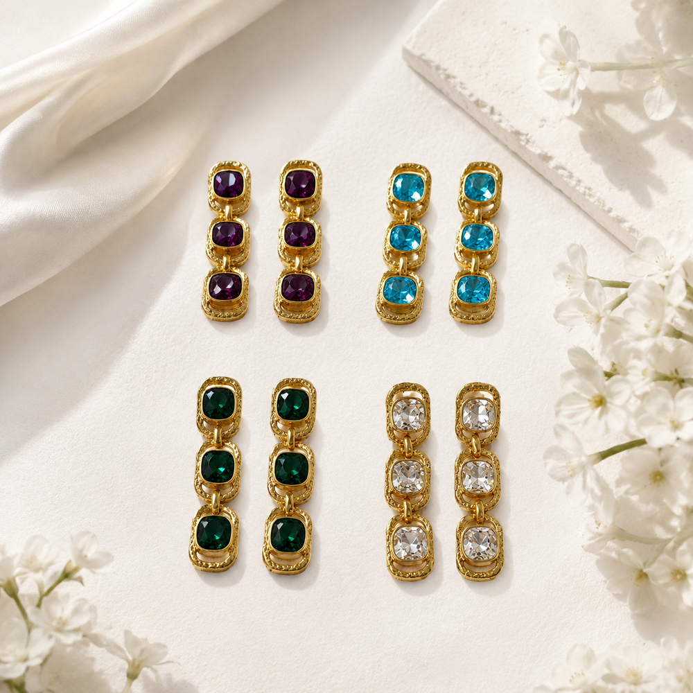 Gold-tone triple cushion crystal-style drop earrings color options overview