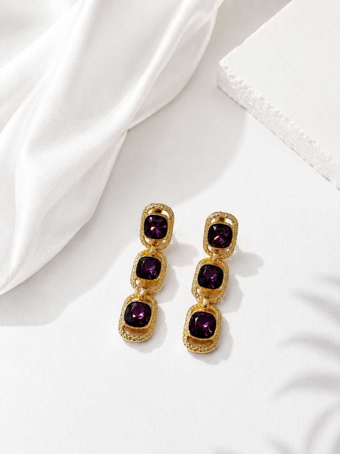 Purple gold-tone triple cushion crystal-style-style drop earrings