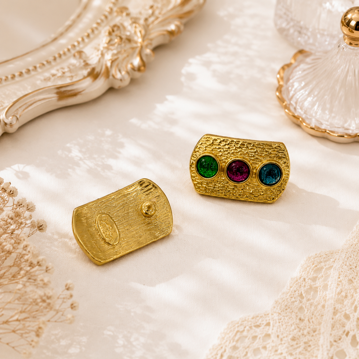 Gold-tone multicolor crystal-style-style stud earrings front and post-back detail