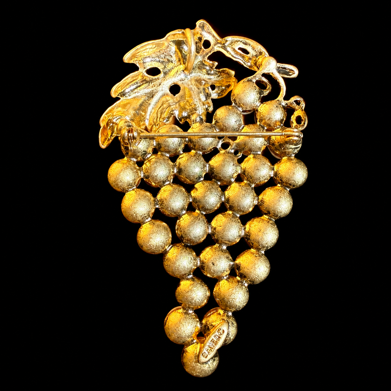Gold-tone white grape brooch pendant back view with pin and pendant loop
