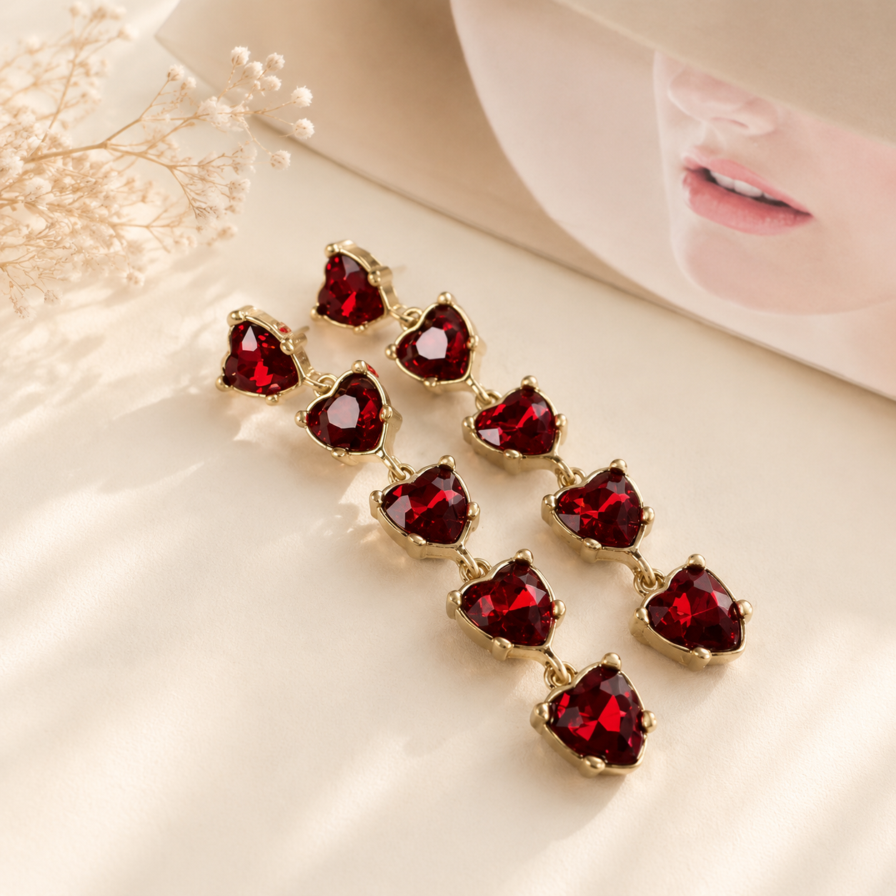 Gold-tone red crystal-style heart stud earrings from matching necklace set