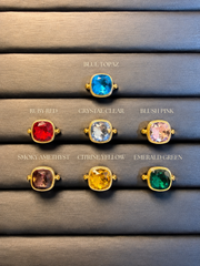 Gold-tone square statement rings full color guide with seven color names