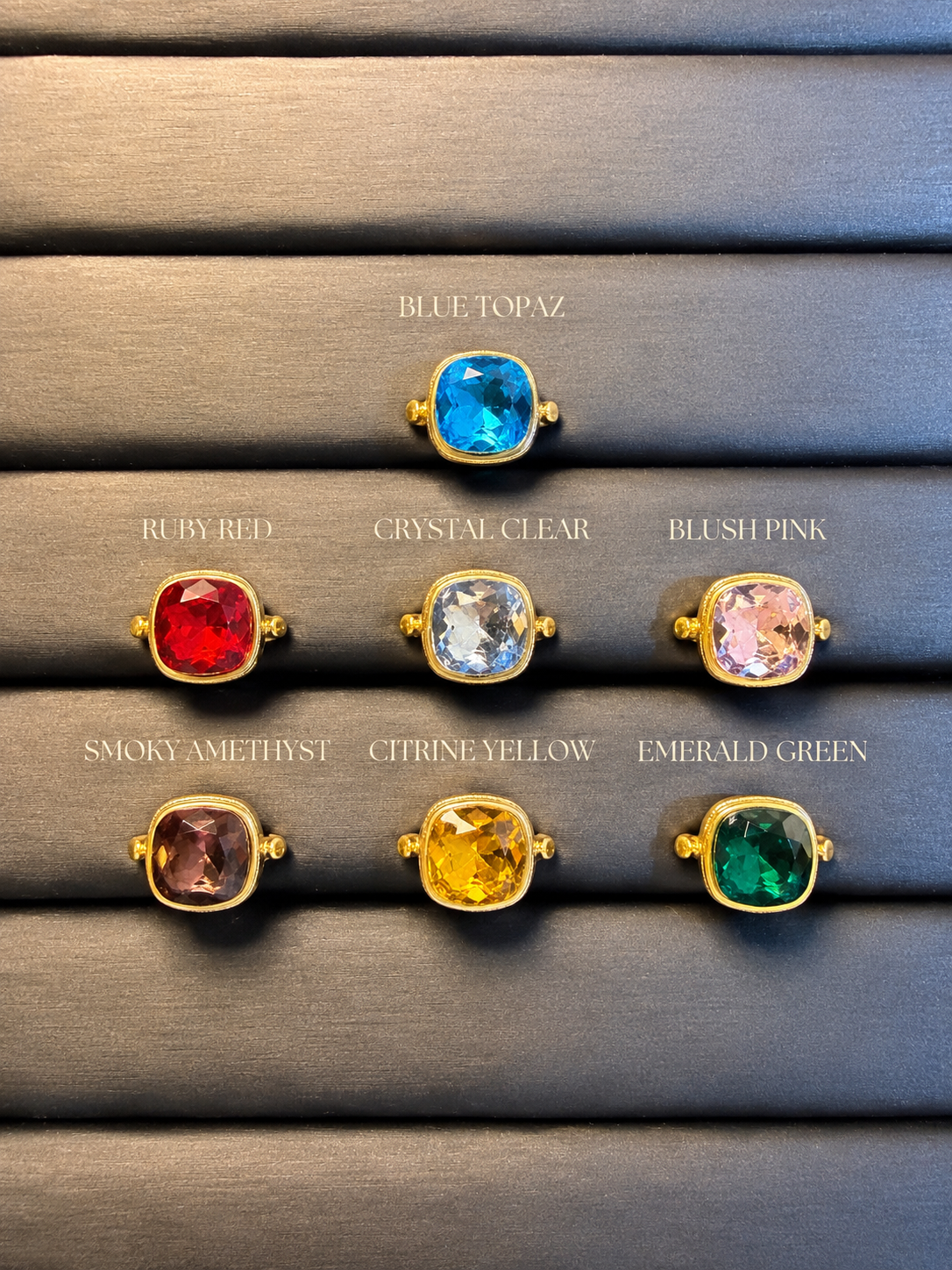 Gold-tone square statement rings full color guide with seven color names