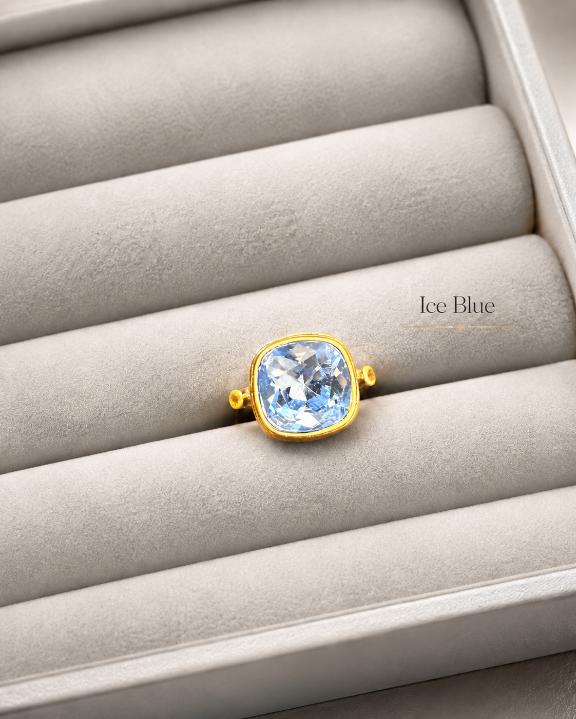 Gold-tone square statement ring in Ice Blue