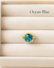 Gold-tone square statement ring in Ocean Blue