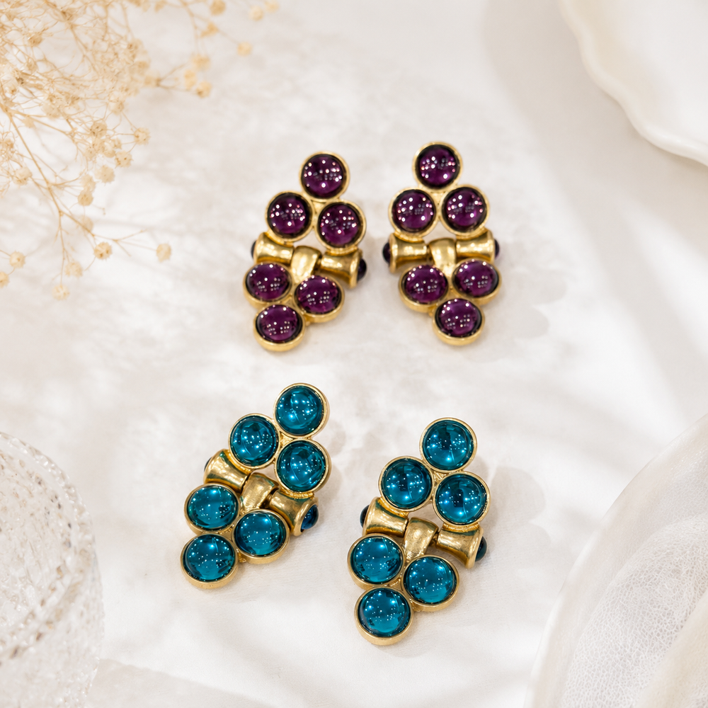 Vintage-inspired gold-tone glass grape cluster stud earrings in blue and purple